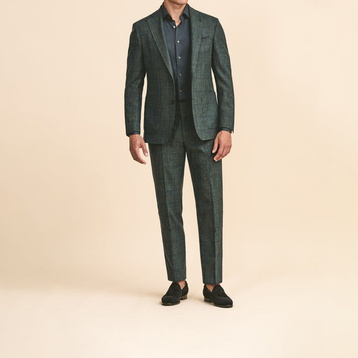 Green wool-silk-linen with navy glencheck