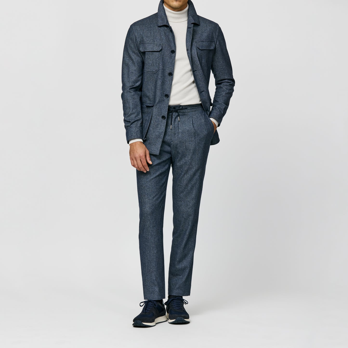 Denim blue wool-cotton-cashmere flannel