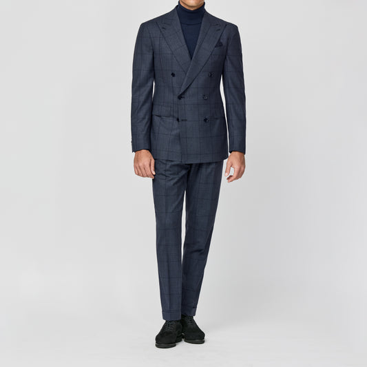 Dark stone blue wool glencheck