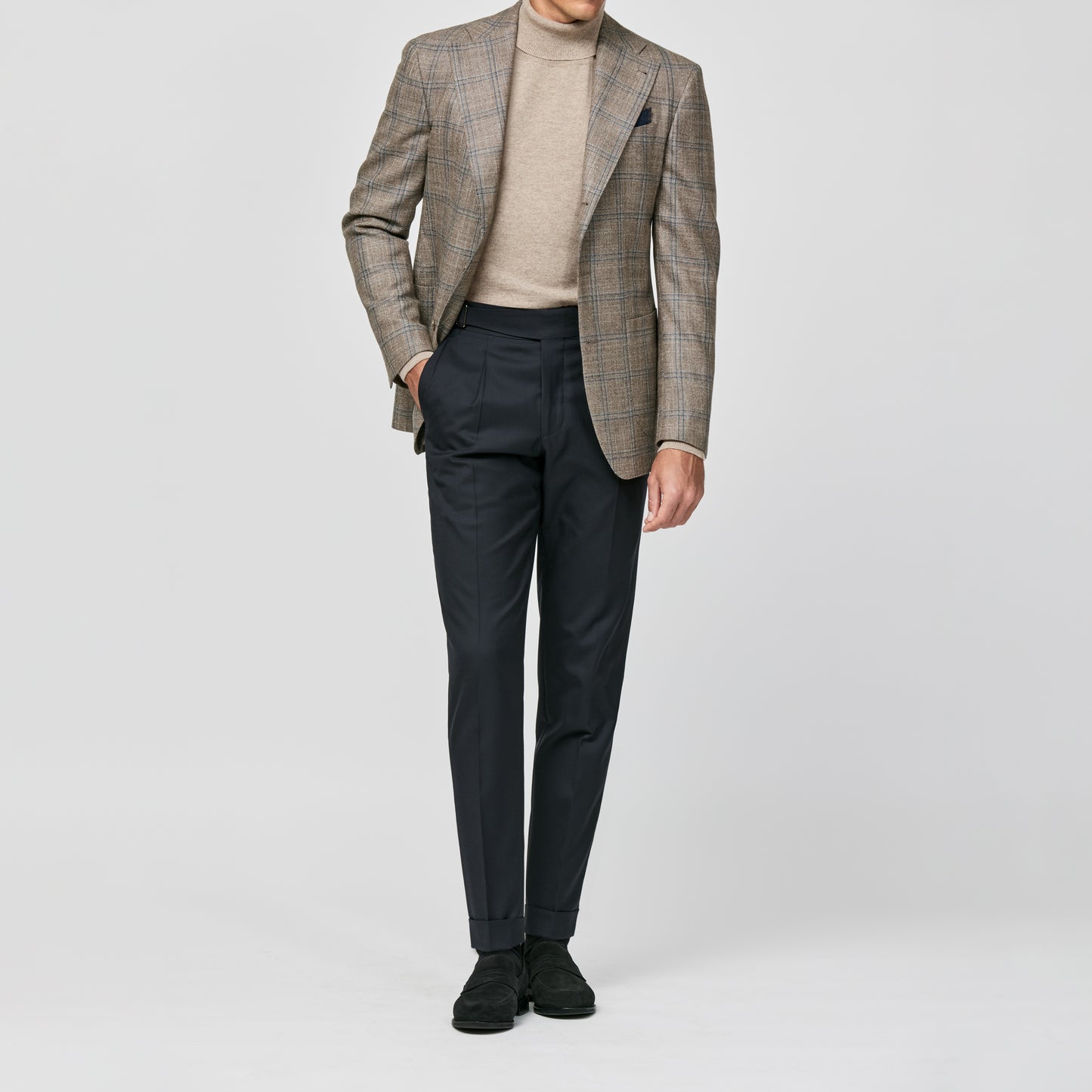 Tan wool-silk-cashmere sharkskin