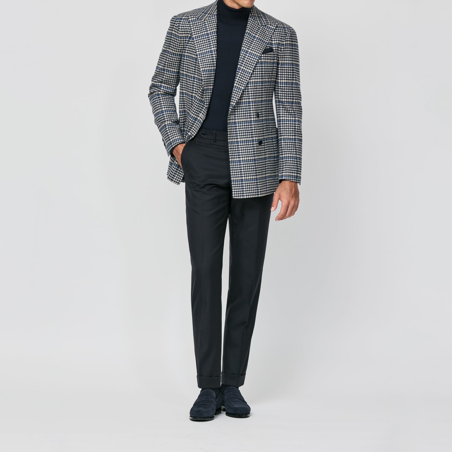 Navy-sand wool-cashmere houndstooth