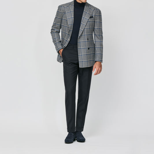 Navy-sand wool-cashmere houndstooth