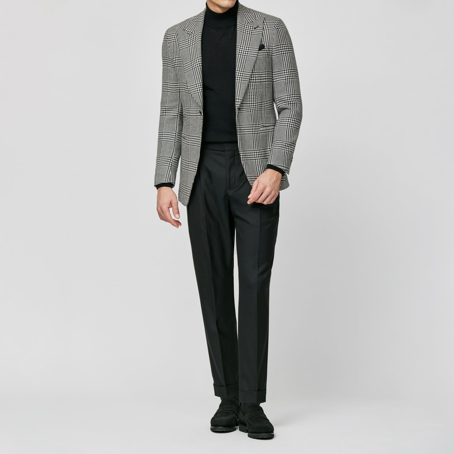 Black-white wool-alpaca-silk glencheck