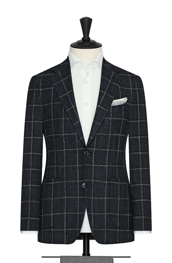 Midnight blue and black mouliné wool blend basketweave with d.grey check